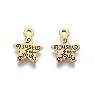 Gift Ideas for Men On Valentines Day Tibetan Style Alloy Star Carved Word Just for You Message Charms, Antique Golden, Lead Free & Cadmium Free & Nickel Free, 14x11.5x11mm, Hole: 1mm(X-GLF1272Y-NF)