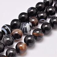 Natural Striped Agate/Banded Agate Bead Strands, Dyed & Heated, Round, Grade A, Black, 10mm, Hole: 1mm, about 39pcs/strand, 15.2 inch(387mm)(G-G962-10mm-12)