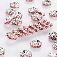 Brass Rhinestone Spacer Beads, Grade A, Pink Rhinestone, Silver Color Plated, Nickel Free, Size: about 6mm in diameter, 3mm thick, hole: 1mm(RSB028NF-07)