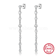 Rhodium Plated 925 Sterling Silver Stud Earrings, Cubic Zirconia Chains Tassel Earrings, Platinum, 43x30mm(OB9233-2)
