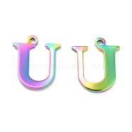 Ion Plating(IP) 304 Stainless Steel Alphabet Charms, Rainbow Color, Letter.U, 12x9.5x1mm, Hole: 1mm(STAS-H122-U-M)