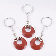 Natural Red Jasper Keychain, with Platinum Plated Iron Key Rings and Brass Findings, Flat Round, 84mm(KEYC-P041-D25)