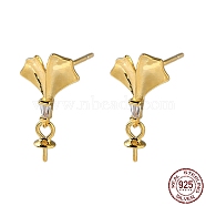 925 Sterling Silver Stud Earring Findings, with Clear Cubic Zirconia, Gingko Leaf, for Half Drilled Beads, with S925 Stamp, Real 18K Gold Plated, 15x8.5mm, Pin: 11x0.9mm and 0.9mm(STER-M115-20G)