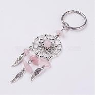 Natural Chip Rose Quartz Keychain, with Tibetan Style Pendants and 316 Surgical Stainless Steel Key Ring, Woven Net/Web with Feather, 107mm, Pendant: 82x28x7mm(KEYC-JKC00119-01)