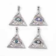 Natural Shell Pendants, Triangle Charms with Evil Eye, Dyed, with Rack Plating Platinum Tone Brass Findings, Long-Lasting Plated, Mixed Color, 32x32.5x5.5mm, Hole: 6x4mm(KK-M234-04P)