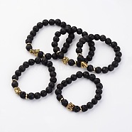 Natural Lava Rock Stone Stretch Bracelets with Tibetan Style Mix Shapes Alloy Beads, Antique Golden, 55mm(BJEW-K075-AG)