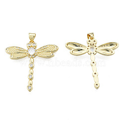 Brass Micro Pave Clear Cubic Zirconia Pendants, with Brass Snap on Bails, Nickel Free, Dragonfly, Real 18K Gold Plated, 34x32x3.5mm, Hole: 3x4mm(ZIRC-N039-258)