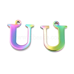 Ion Plating(IP) 304 Stainless Steel Alphabet Charms, Rainbow Color, Letter.U, 12x9.5x1mm, Hole: 1mm(STAS-H122-U-M)