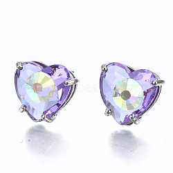 Brass Stud Earrings, with Glass and Steel Pins, Heart, Platinum, Lilac, 12x13mm, Pin: 0.6mm(GLAA-S193-038F-P)