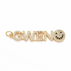 Rack Plating Brass Micro Pave Clear Cubic Zirconia Pendants, Cadmium Free & Nickel Free & Lead Free, Long-Lasting Plated, with Jump Ring, with Word GWEN and Smile Face, Real 18K Gold Plated, 39.5x9x2mm, Jump Ring: 5x0.5mm, Inner Diameter: 3.5mm(KK-M229-22G)