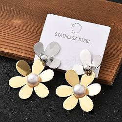 304 Stainless Steel Flower Stud Earrings for Women, Golden & Stainless Steel Color, 52x31.5mm(STAS-Z112-22GP)