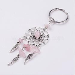 Natural Chip Rose Quartz Keychain, with Tibetan Style Pendants and 316 Surgical Stainless Steel Key Ring, Woven Net/Web with Feather, 107mm, Pendant: 82x28x7mm(KEYC-JKC00119-01)