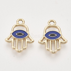 Light Gold Plated Alloy Pendants, with Enamel, Hamsa Hand/Hand of Fatima/Hand of Miriam with Evil Eye, Blue, 20x15.5x2.5mm, Hole: 2mm(X-ENAM-T009-17A)