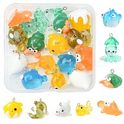 16Pcs 8 Styles Marine Series Opaque & Transparent Resin Pendants, Sea Animal Charm, with Platinum Tone Iron Findings, Octopus & Inkfish & Goldfish, Mixed Shapes, Mixed Color, 15~26x19~22x9~24mm, Hole: 2mm, 2pcs/style(RESI-FS0001-46)