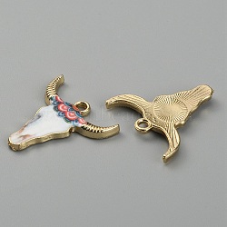 Alloy Enamel Printed Pendants, Cattle's Head Charms, Golden, Hot Pink, 21.5x20.5x2mm, Hole: 2mm(ENAM-CJC0006-65D)