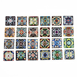 Glass Cabochons, Square with Floor Tile Pattern, Mixed Color, 25x25x7mm, 24pcs/set(GGLA-S036-21C)