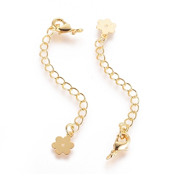 Long-Lasting Plated Brass Chain Extender, with Lobster Claw Clasps and Flower Tips, Real 18K Gold Plated, 71x3mm, Hole: 2.5mm