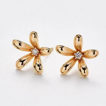 Brass Cubic Zirconia Stud Earring Findings, with Loop, Nickel Free, Flower, Clear, Real 18K Gold Plated, 16.5x16.5mm, Hole: 1.2mm, Pin: 0.8mm