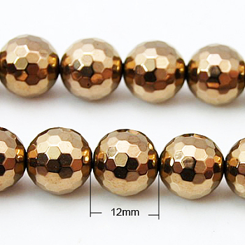 Non-magnetic Synthetic Hematite Beads Strands, PVD Vacuum Plating, Long-Lasting Plated, Faceted(128 Facets) Round, Red Copper Plated, Copper Plated, 11.5~12mm, Hole: 1mm; about 33~34pcs/strand, 15 inch
