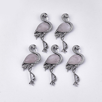 Natural Rose Quartz Brooches/Pendants, with Alloy Findings, Flamingo Shape, Antique Silver, 83.5x38x12mm, hole: 4x3mm, Pin: 0.7mm