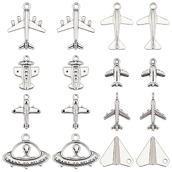 80Pcs 8 Styles Tibetan Style Alloy Pendants, Alien/ET and UFO with Words & Airplane, Antique Silver, 15.5~33.5x13.5~31x2.5~5mm, Hole: 1.5~3mm, 10pcs/style