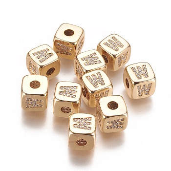 Brass Micro Pave Cubic Zirconia Beads, Horizontal Hole, Real 18K Gold Plated, Long-Lasting Plated, Cube with Letter, Clear, Letter.W, 9x9x9mm, Hole: 3.5mm