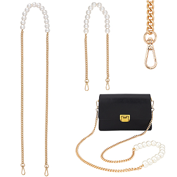 WADORN 2Pcs 2 Style Plastic Imitation Pearl Beaded Bag Straps, with Iron Curb Chains & Alloy Swivel Clasps, for Purse Handle Replacement, Golden, 61.2~121cm, 1pc/style