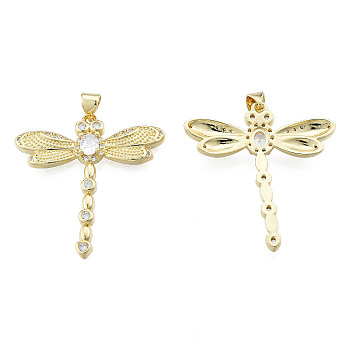 Brass Micro Pave Clear Cubic Zirconia Pendants, with Brass Snap on Bails, Nickel Free, Dragonfly, Real 18K Gold Plated, 34x32x3.5mm, Hole: 3x4mm