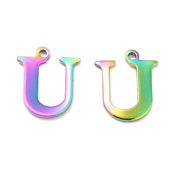 Ion Plating(IP) 304 Stainless Steel Alphabet Charms, Rainbow Color, Letter.U, 12x9.5x1mm, Hole: 1mm