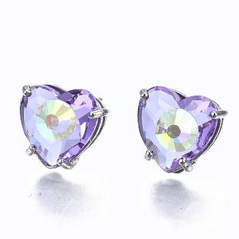 Brass Stud Earrings, with Glass and Steel Pins, Heart, Platinum, Lilac, 12x13mm, Pin: 0.6mm