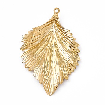 Ion Plating(IP) 304 Stainless Steel Bigs Pendants, Leaf Charm, Real 18K Gold Plated, 62x40x4mm, Hole: 2mm