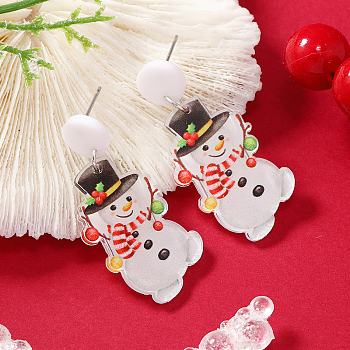 Christmas Acrylic Stud Earrings, 304 Stainless Steel Pin, Snowman, Stainless Steel Color