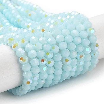 Opaque Glass Beads Strands, Faceted, Round, Light Sky Blue, 4mm, Hole: 0.8mm, about 93~95pcs/strand, 14.37~14.49''(36.5~36.8cm)