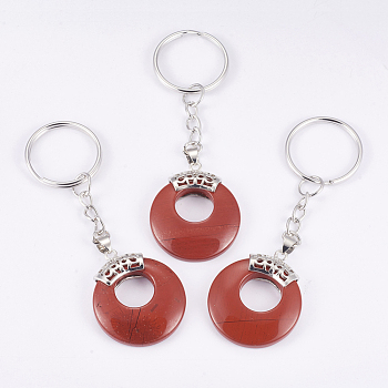 Natural Red Jasper Keychain, with Platinum Plated Iron Key Rings and Brass Findings, Flat Round, 84mm