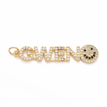 Rack Plating Brass Micro Pave Clear Cubic Zirconia Pendants, Cadmium Free & Nickel Free & Lead Free, Long-Lasting Plated, with Jump Ring, with Word GWEN and Smile Face, Real 18K Gold Plated, 39.5x9x2mm, Jump Ring: 5x0.5mm, Inner Diameter: 3.5mm