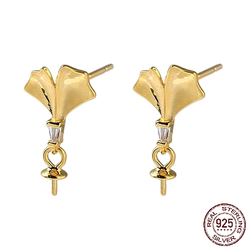 925 Sterling Silver Stud Earring Findings, with Clear Cubic Zirconia, Gingko Leaf, for Half Drilled Beads, with S925 Stamp, Real 18K Gold Plated, 15x8.5mm, Pin: 11x0.9mm and 0.9mm