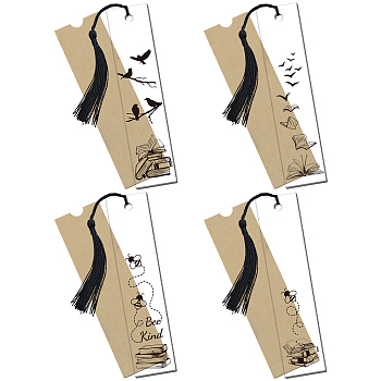 4 Sets Acrylic Bookmark Pendants for Teachers' Day, Rectangle, with Paper Bags and Polyester Tassel Decorations, Black, Bookmark: 120x28mm, 4 styles, 1pc/style, 4pcs/set