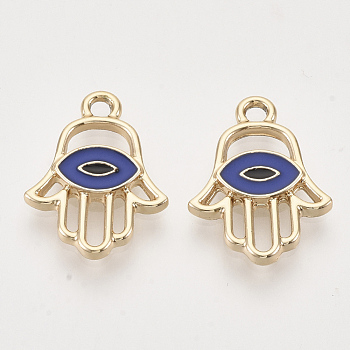 Light Gold Plated Alloy Pendants, with Enamel, Hamsa Hand/Hand of Fatima/Hand of Miriam with Evil Eye, Blue, 20x15.5x2.5mm, Hole: 2mm