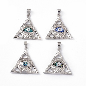 Natural Shell Pendants, Triangle Charms with Evil Eye, Dyed, with Rack Plating Platinum Tone Brass Findings, Long-Lasting Plated, Mixed Color, 32x32.5x5.5mm, Hole: 6x4mm