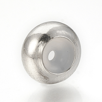 Brass Beads, with Rubber Inside, Slider Beads, Stopper Beads, Platinum, 7.5x4mm, Rubber Hole: 1.2mm