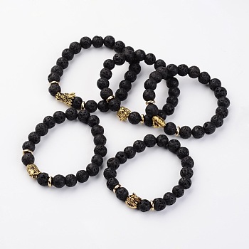 Natural Lava Rock Stone Stretch Bracelets with Tibetan Style Mix Shapes Alloy Beads, Antique Golden, 55mm