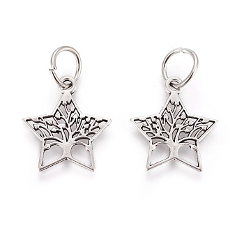 Tibetan Style Alloy Pendants, Star with Tree of Life, Antique Silver, 23x21x1mm, Hole: 7mm