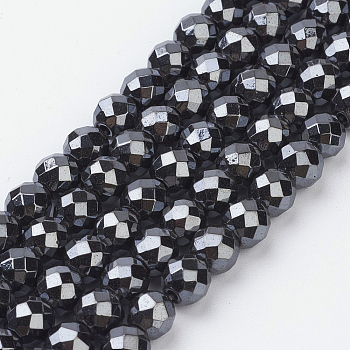 Non-Magnetic Synthetic Hematite Beads Strands, Faceted, Round, Black, about 4mm in diameter, hole:1mm, 103pcs/strand, 16 inch