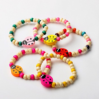 Stretchy Wood Bracelets for Kids, Children's Day Gifts, with Random Color Ladybug Beads, Mixed Color, 45mm