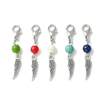 Alloy Wing Pendant Decorations, with Dyed Synthetic Turquoise Beads and Alloy Lobster Claw Clasps, Mixed Color, 43mm