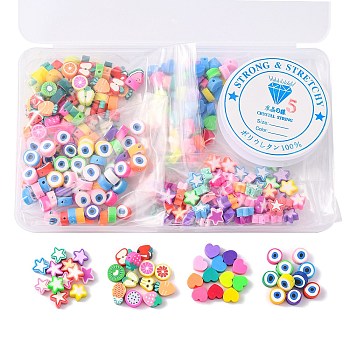 AHANDMAKER 320Pcs Heart/Fruit/Geometry Polymer Clay Beads and 1 Roll Clear Elastic Crystal Thread, for DIY Stretch Bracelets, Mixed Color, 80pcs/style