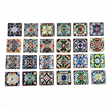 Glass Cabochons, Square with Floor Tile Pattern, Mixed Color, 25x25x7mm, 24pcs/set