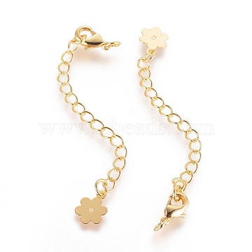 Long-Lasting Plated Brass Chain Extender, with Lobster Claw Clasps and Flower Tips, Real 18K Gold Plated, 71x3mm, Hole: 2.5mm(X-KK-K210-18G)