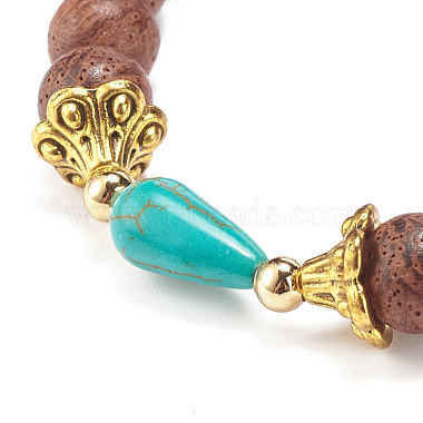 Natural Wood Round Beaded Stretch Bracelet with Synthetic Turquoise Teardrop(BJEW-JB07992)-5
