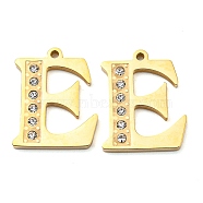Real 14K Gold Plated 304 Stainless Steel Pendants, with Rhinestone, Letter E, Letter E, 18x14.5x1.5mm, Hole: 1.2mm(STAS-L022-157G-E)